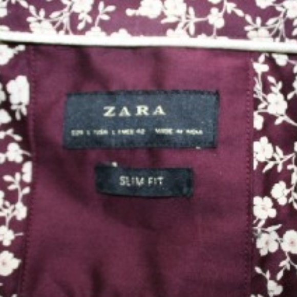 Zara Slim Fit Daisy Floral Print Berry & Off White Button Down Shirt - Picture 7 of 9